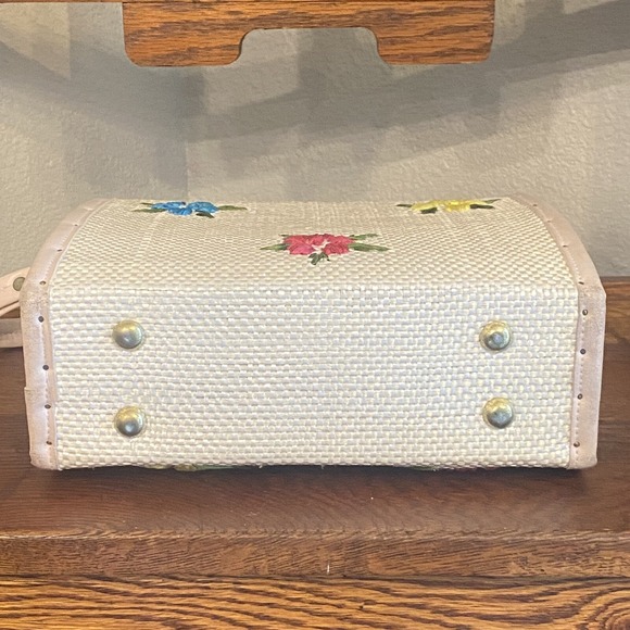 Vintage 1960s Floral Rafia Purse Beautiful Wood Sided Bag Please Read - Picture 5 of 16